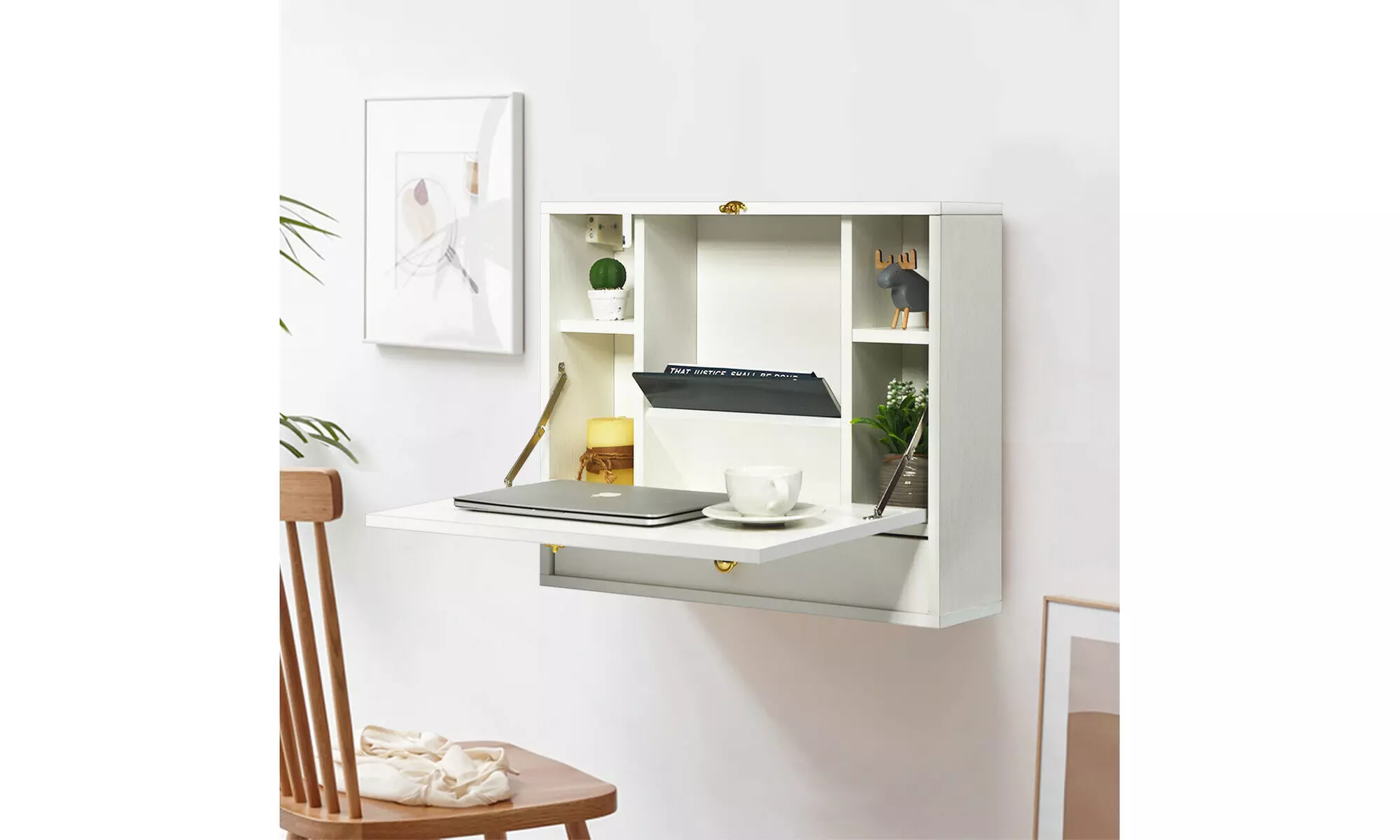 Costway White Wall Mounted Folding Laptop Desk Hideaway Organizer  w/Drawer - Primary Image