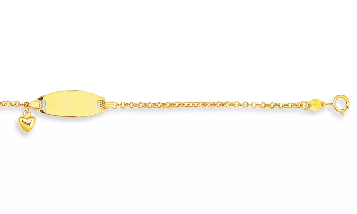 14k Yellow Gold Round Cable Link Puffed Drop Heart ID Bracelet - 6 inches - Primary Image