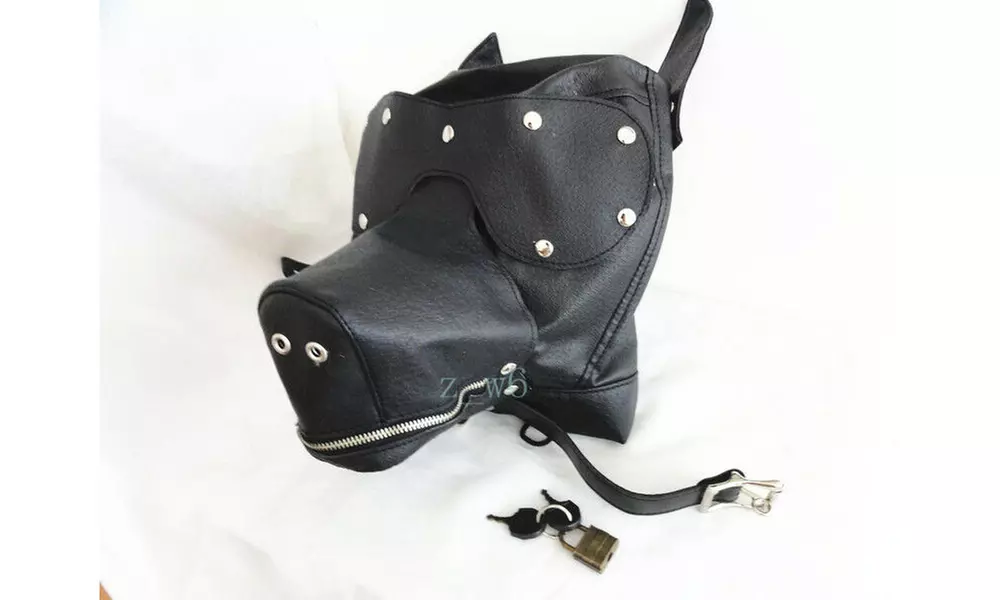 LEATHER GIMP DOG Puppy Hood Full Mask Mouth Costume Party Mask ZIPPED MUZZEL - Second Medium