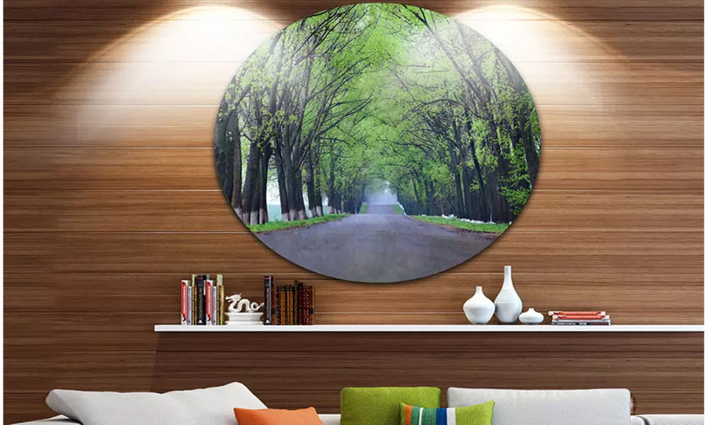 Arched Trees Over Country Road' Landscape Photography Circle Metal Wall Art - Primary Image