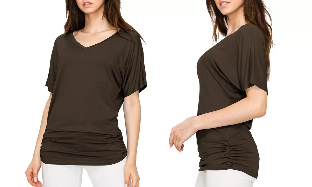 Made by Johnny Womens Solid Short Sleeve V-Neck Dolman Top with Side Shirring