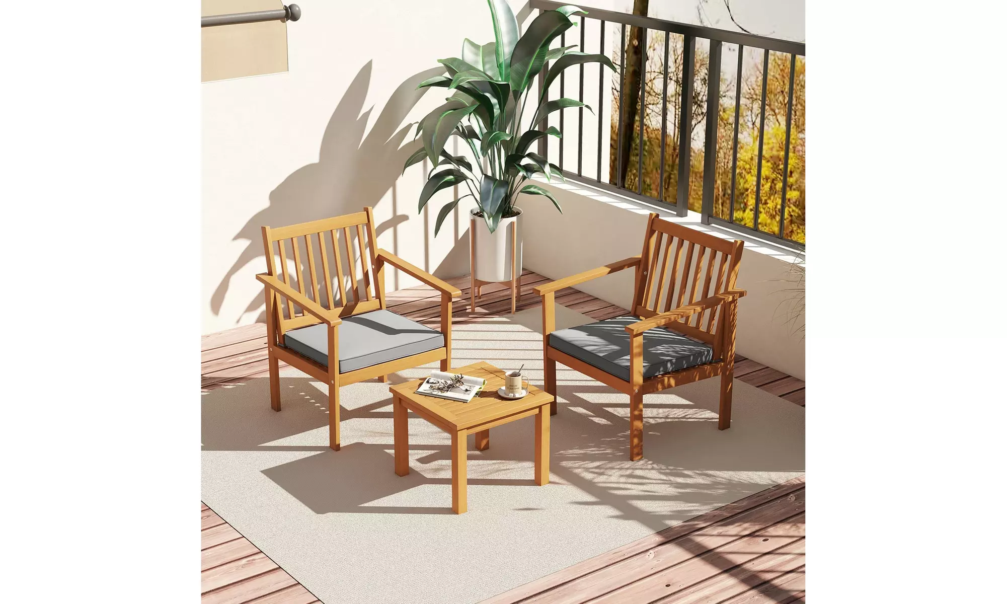 Costway 3 PCS Patio Wood Furniture Set Acacia Wood Chairs & Coffee Table