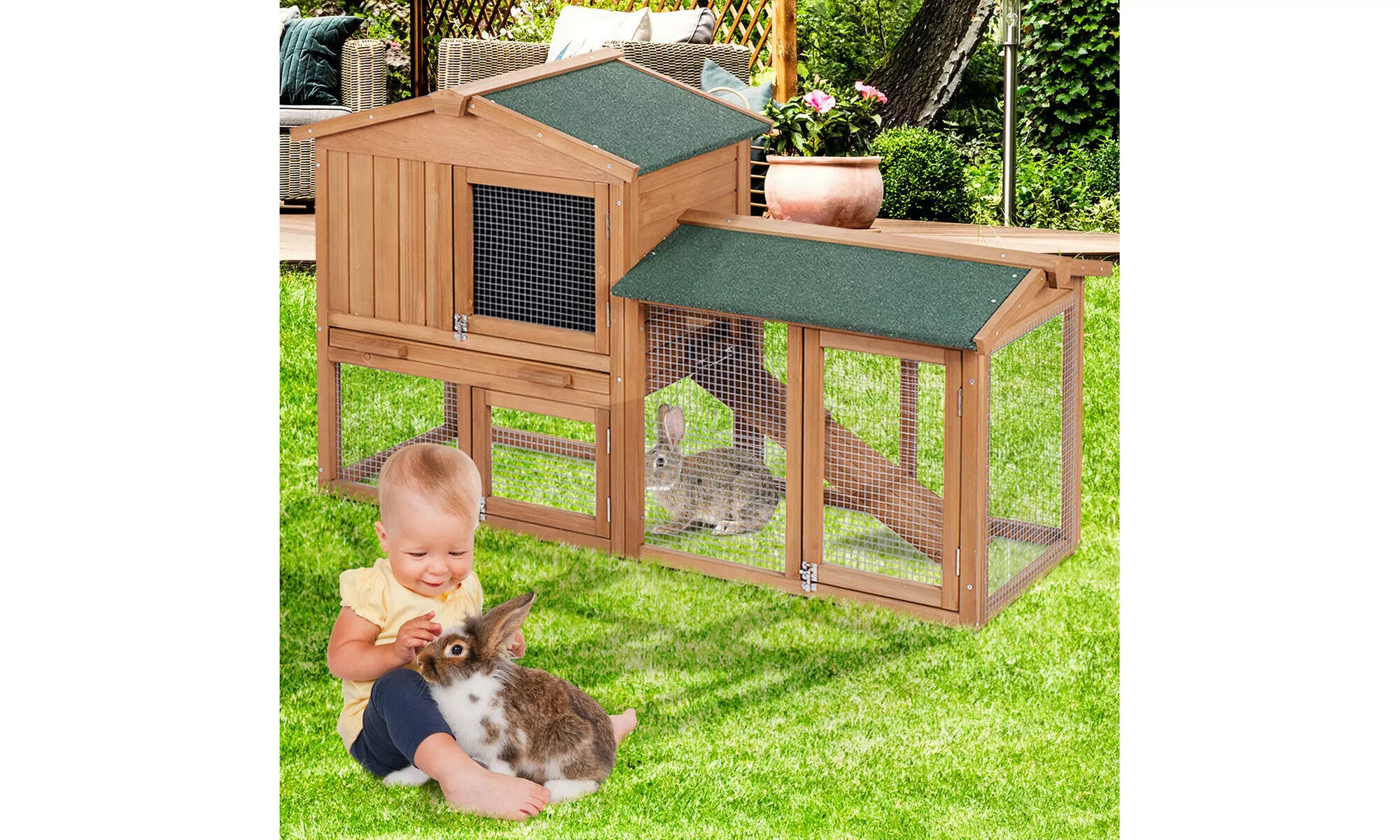 58" Large Wooden Rabbit Hutch Chicken Coop Bunny Animal Hen Cage House w/Run - Primary Image