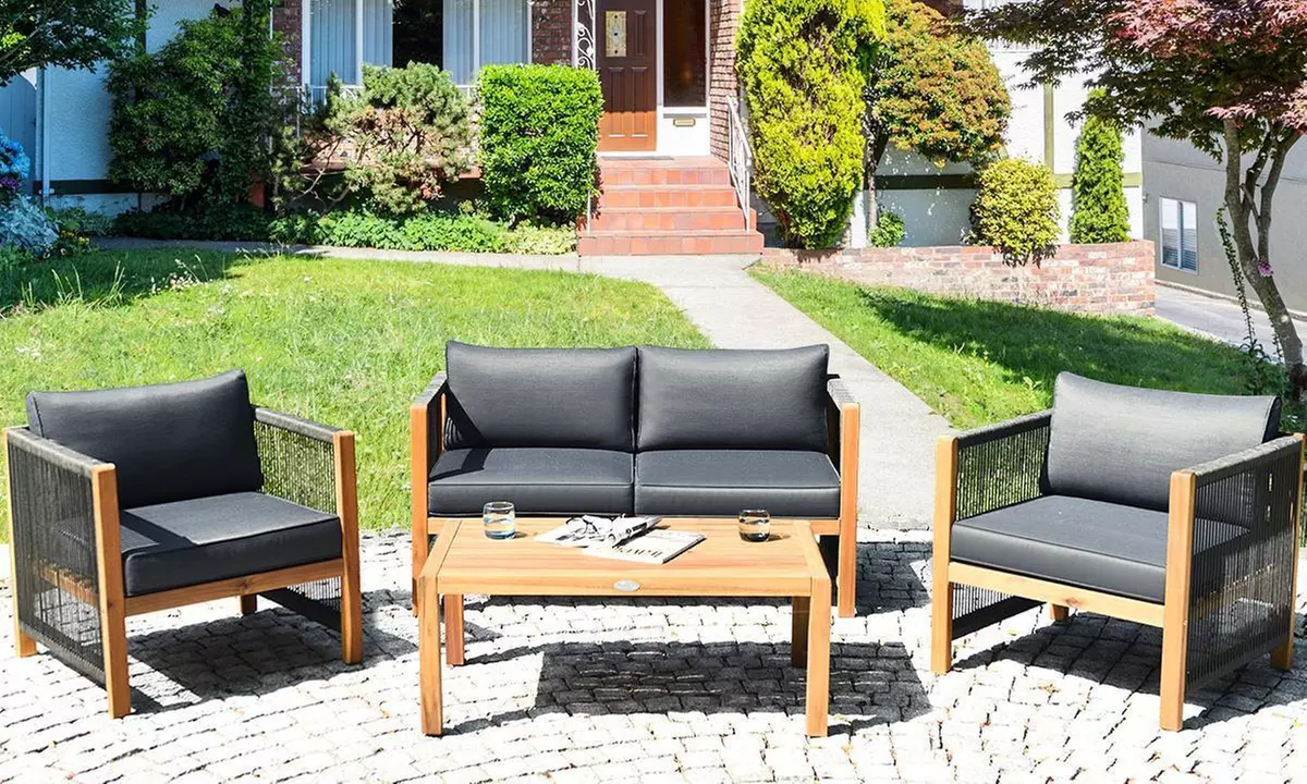 Costway 4PCS Wooden Patio Furniture Set CUS01hioned Sofa W/Rope Armrest - Primary Image