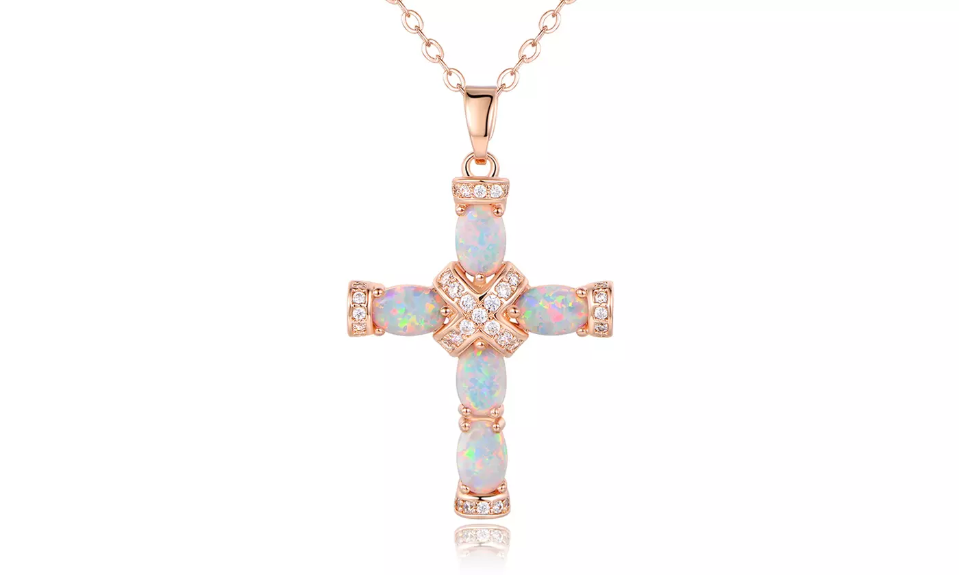 18K Rose Gold Plating & Fire Opal Cross Pendant - Religious Jewelry