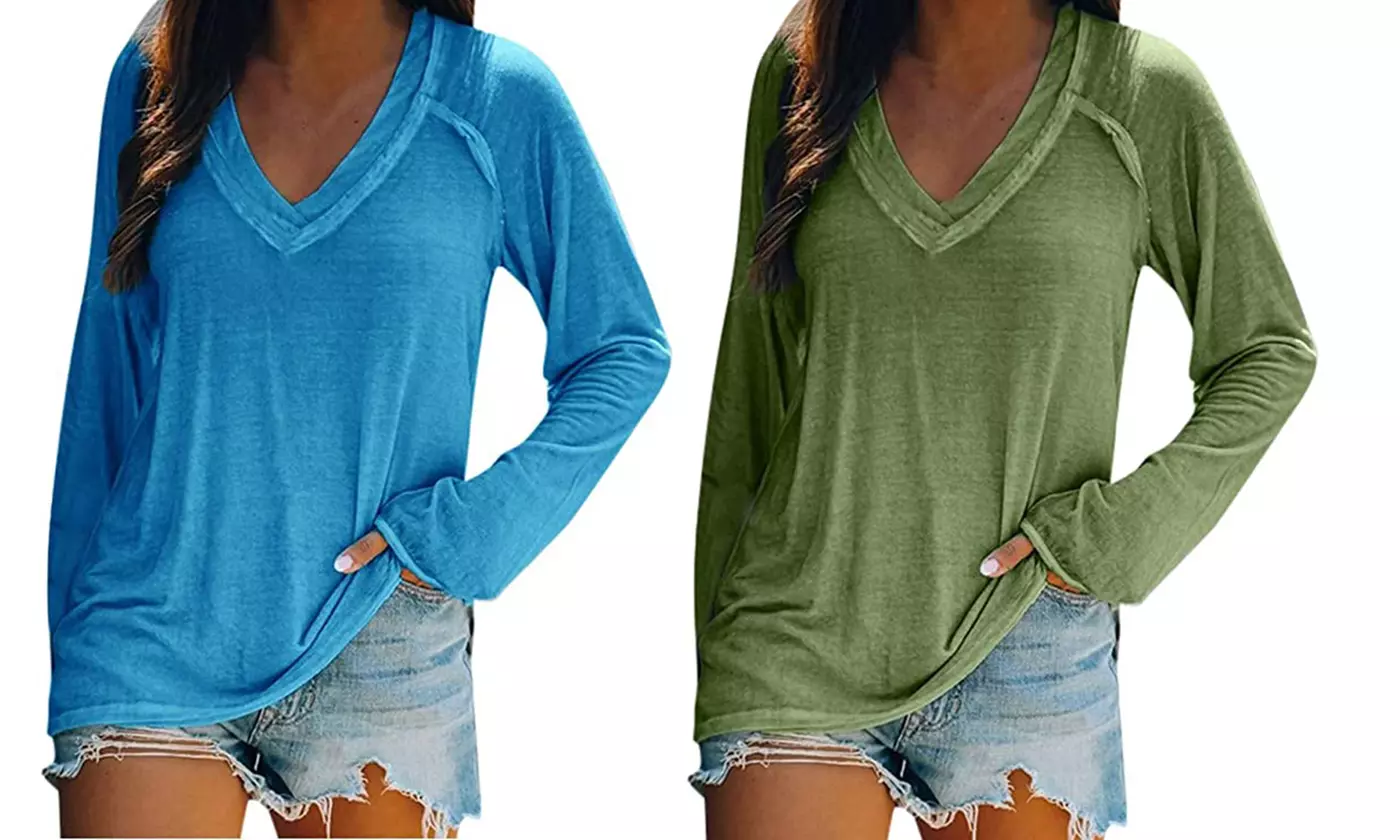 Women's Pure Color Long Sleeve V-Neck Tops Lightweight Pullover T-Shirt - Primary Image