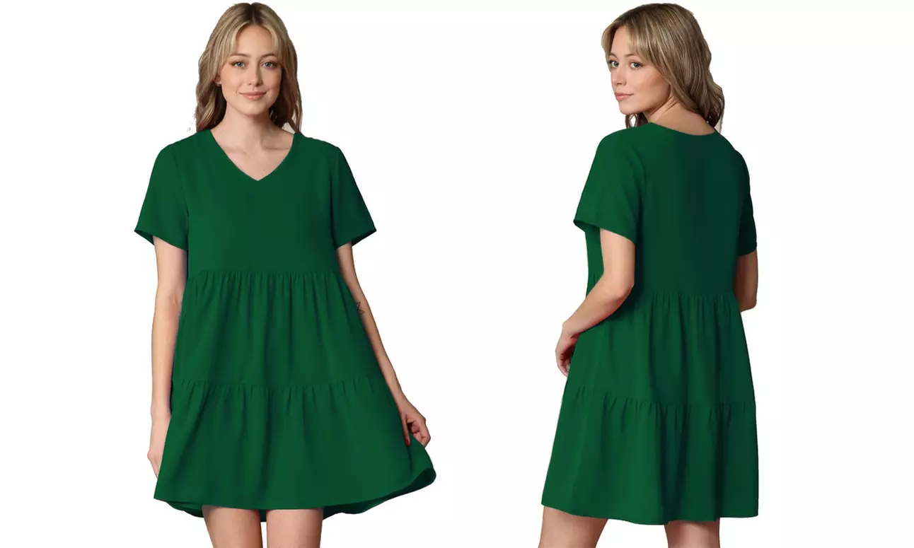 Made By Johnny Casual Flowy Swing Shift Short Sleeve Tiered Dress