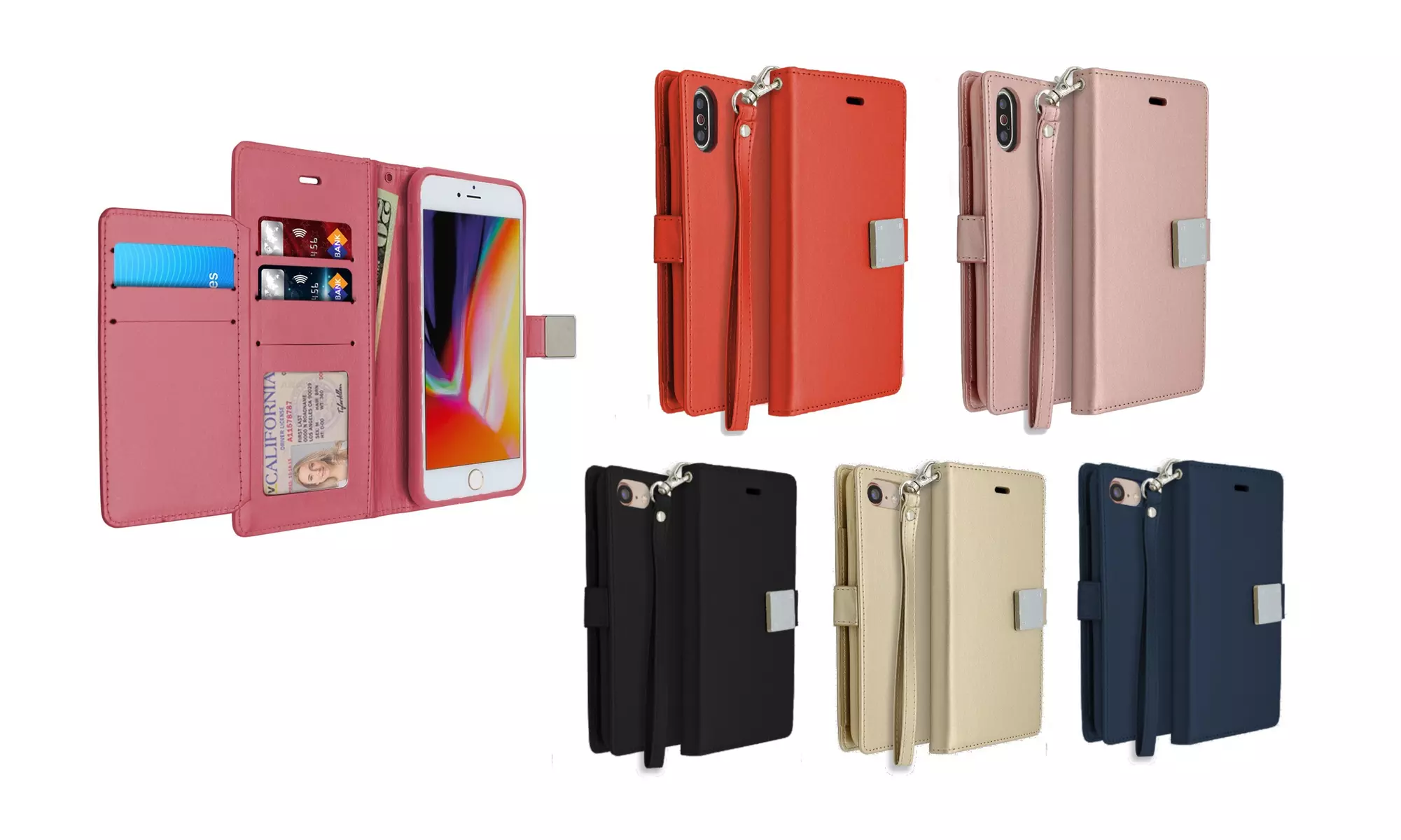 PU Leather Wallet Case Flip Folio Cover for iPhone 7/8,7/8 Plus, Or iPhone X/XS - Primary Image