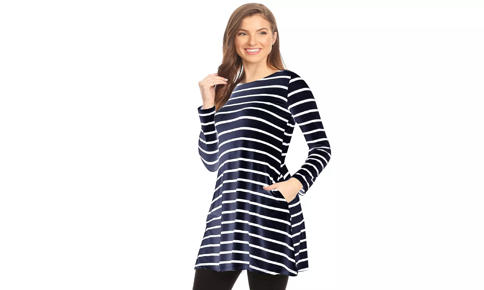 Striped A-Line Pockets Long Sleeves Relaxed Fit Dress Tee Top