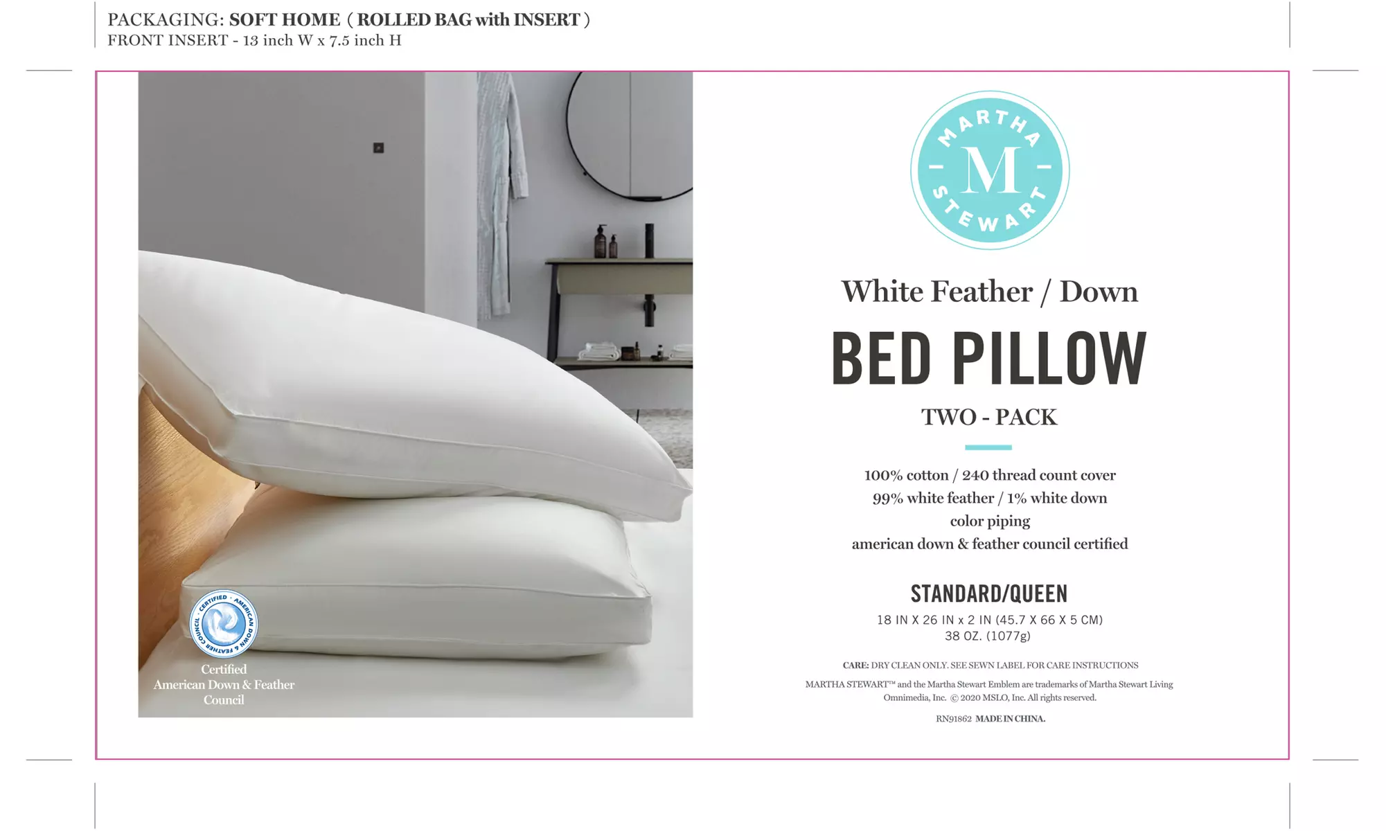 Martha Stewart White Feather & Down Pillow, 2-pack - Second Medium