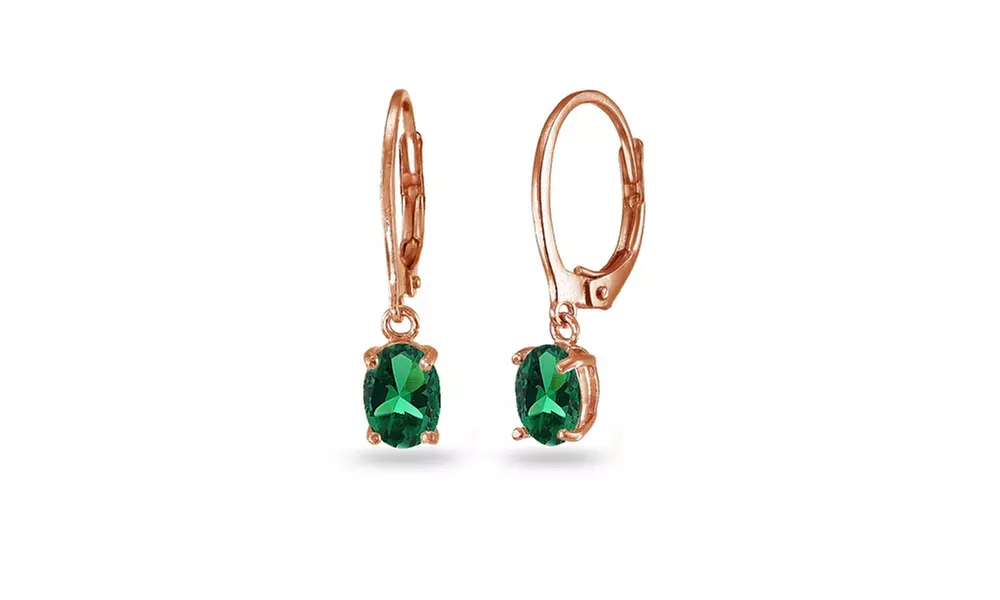 Simulated Emerald 7x5mm Oval Dangle Earrings in Rose Gold Flash Sterling Silver - Primary Image