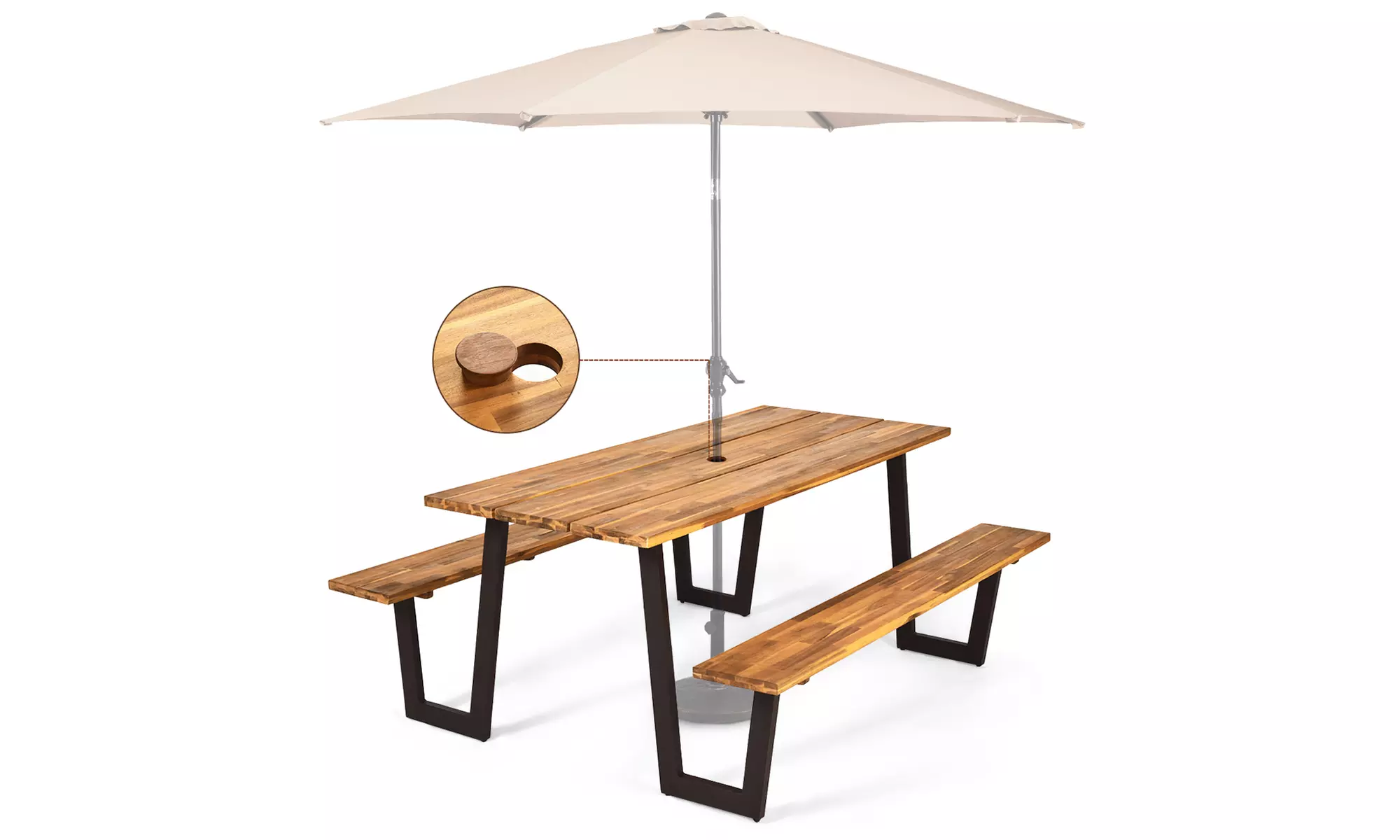 Picnic Table Bench Set Outdoor Camping Wooden 2 Built-in Benches w/Umbrella Hole