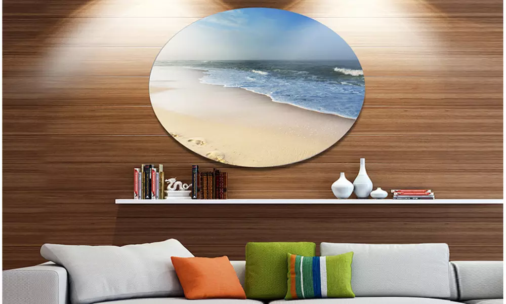 Clam Tropical Beach with Footprints'Large Seashore Metal Circle Wall Art - Primary Image
