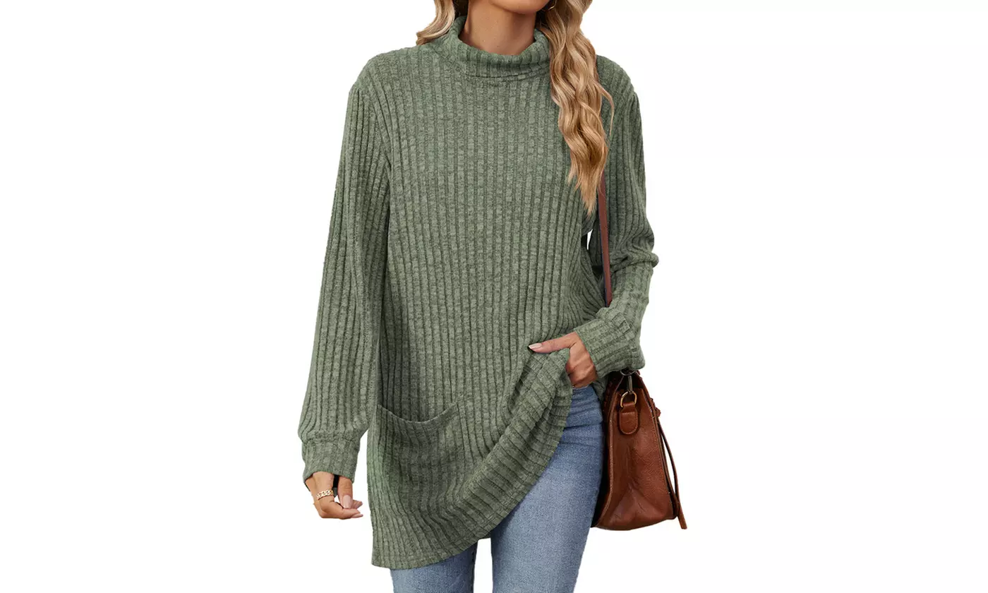 Womens Lightweight Turtleneck Long Sleeve Knit Tunic Top with Pockets