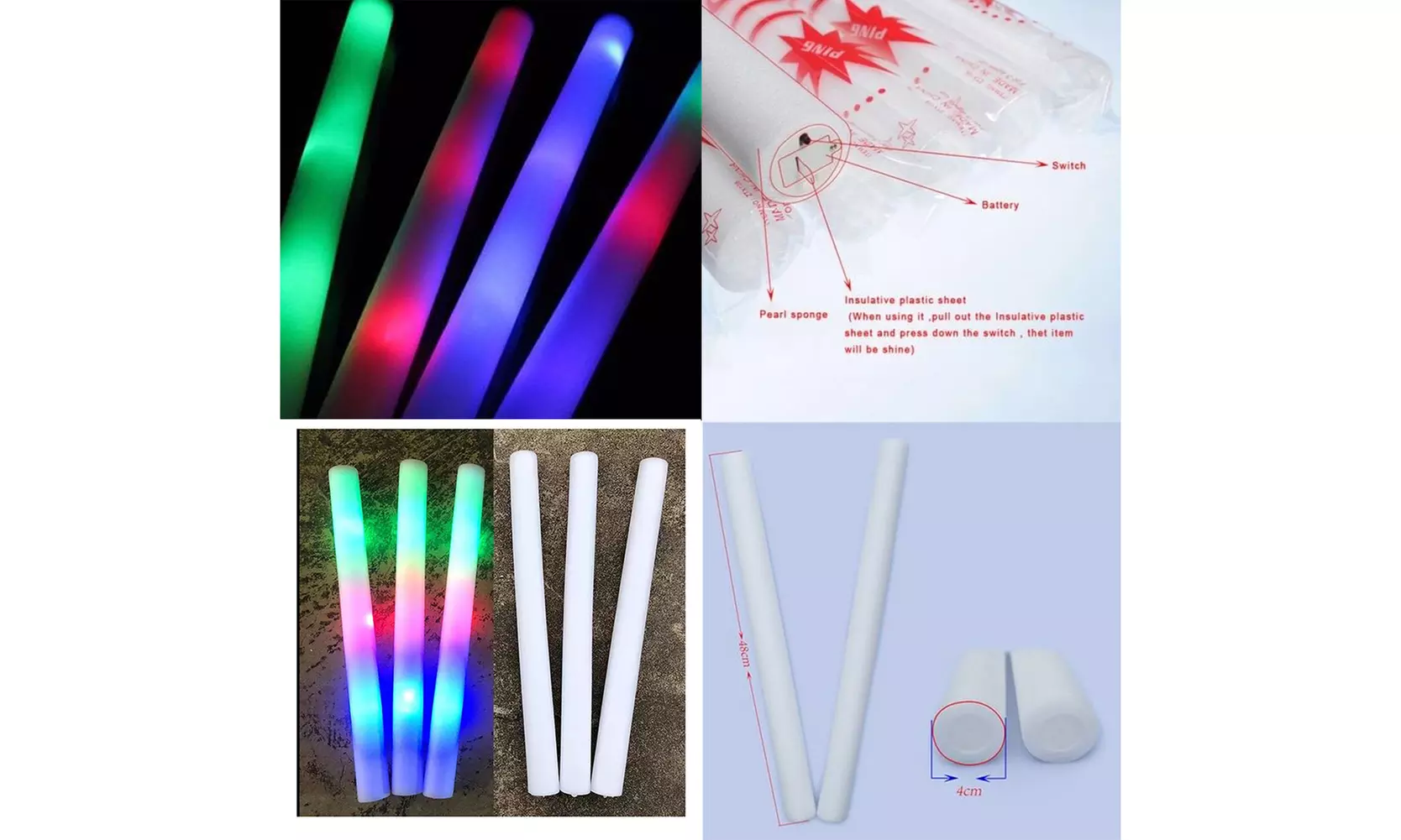 US 24-48 Pack LED Light Up Foam Sticks Glow Batons Flashing Rave Batons DJ Wands
