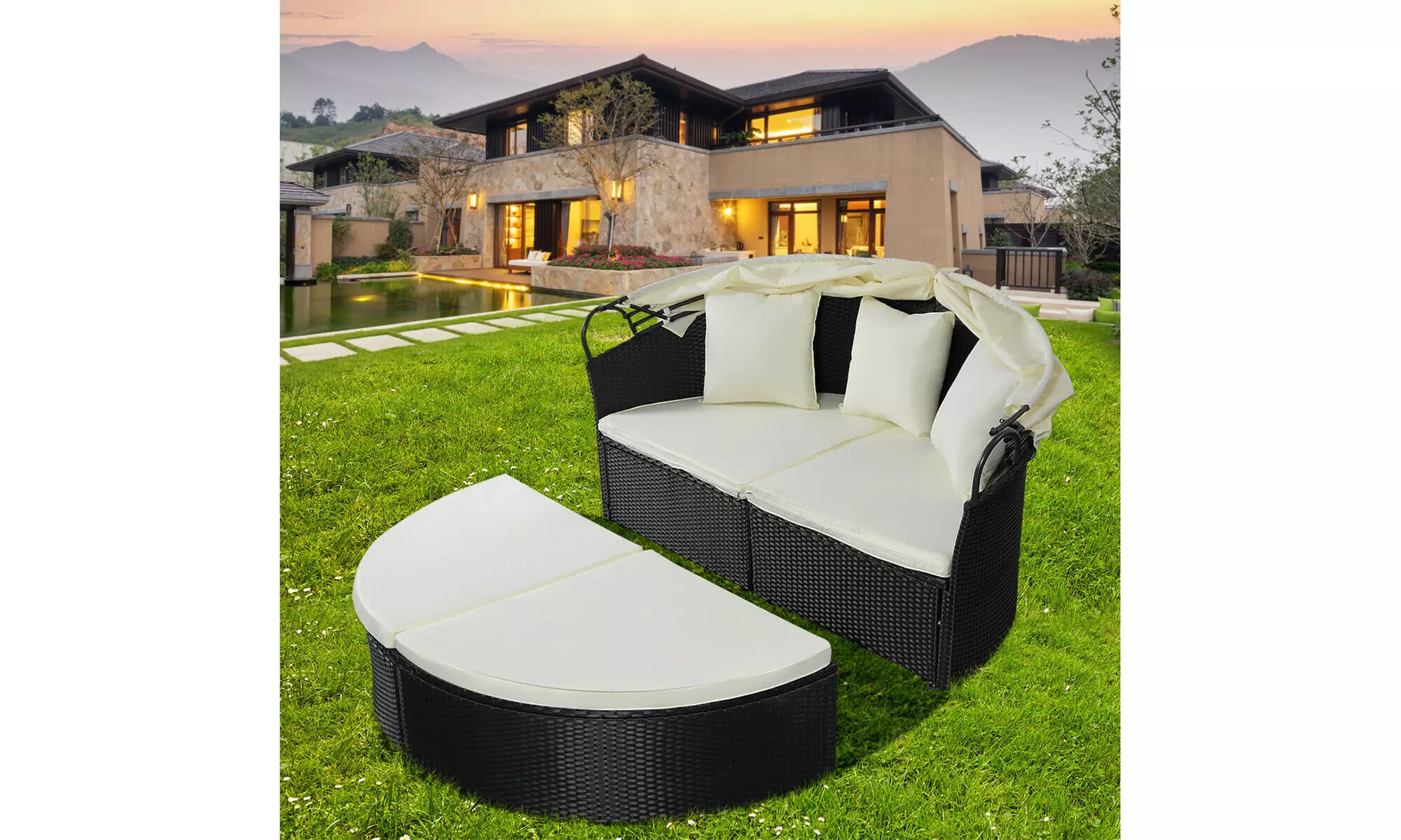 Costway Outdoor Round Sofa Daybed-Black,Retractable Canopy,Patio Furniture