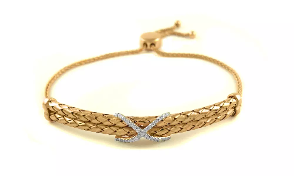 Italian Solid Sterling Silver 9" Daul Bar Woven Bracelet in 18k Rose Gold - Primary Image