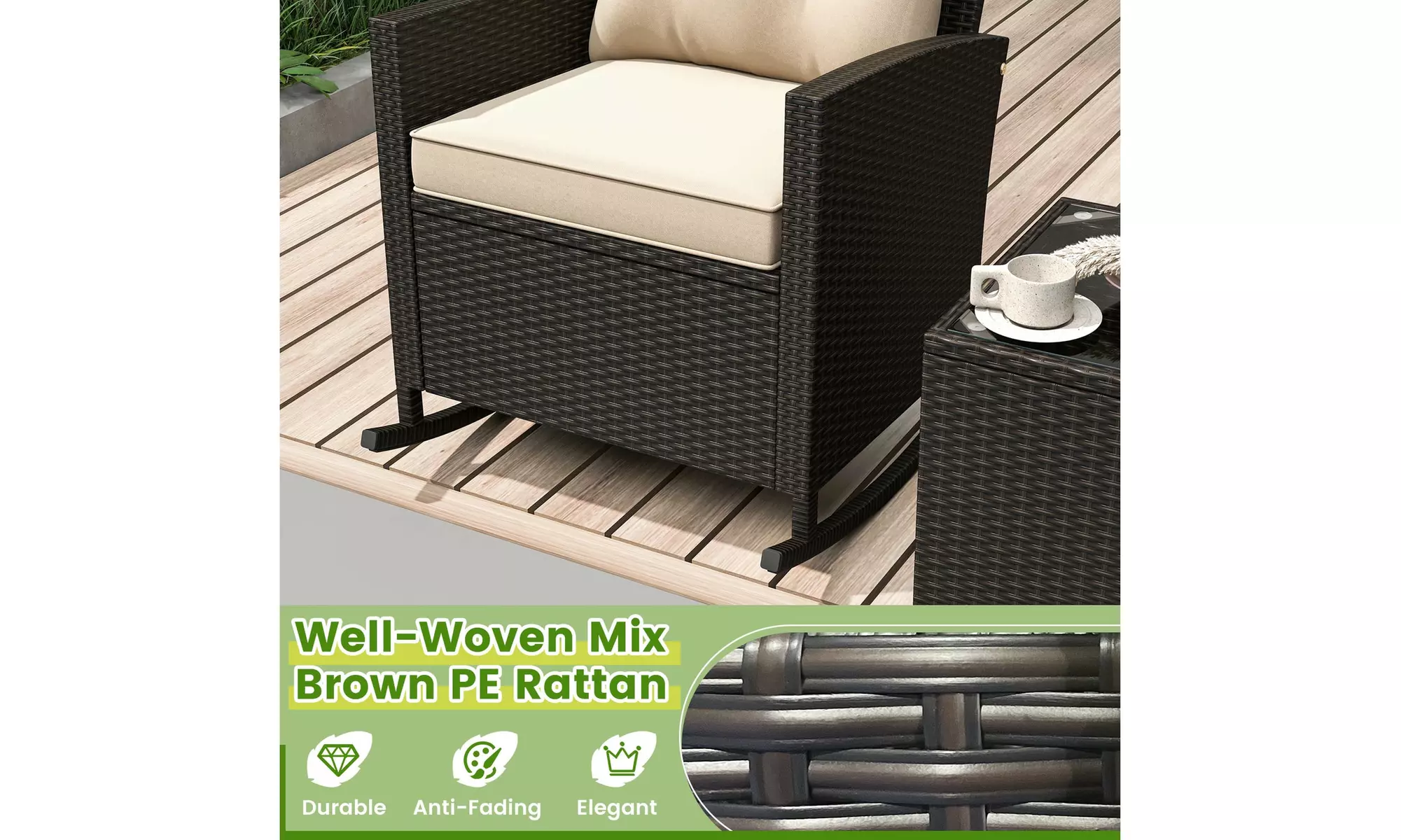 Costway 3 PCS Patio Wicker Rocking Set with Tempered Glass Table & Soft Cushions