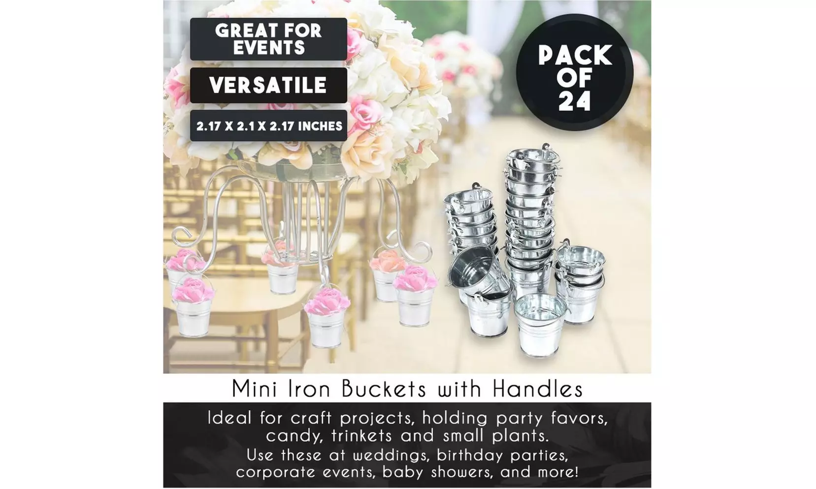 24 Small Metal Buckets, 2" Silver Mini Pails with Handles, for Party Favors - Second Medium