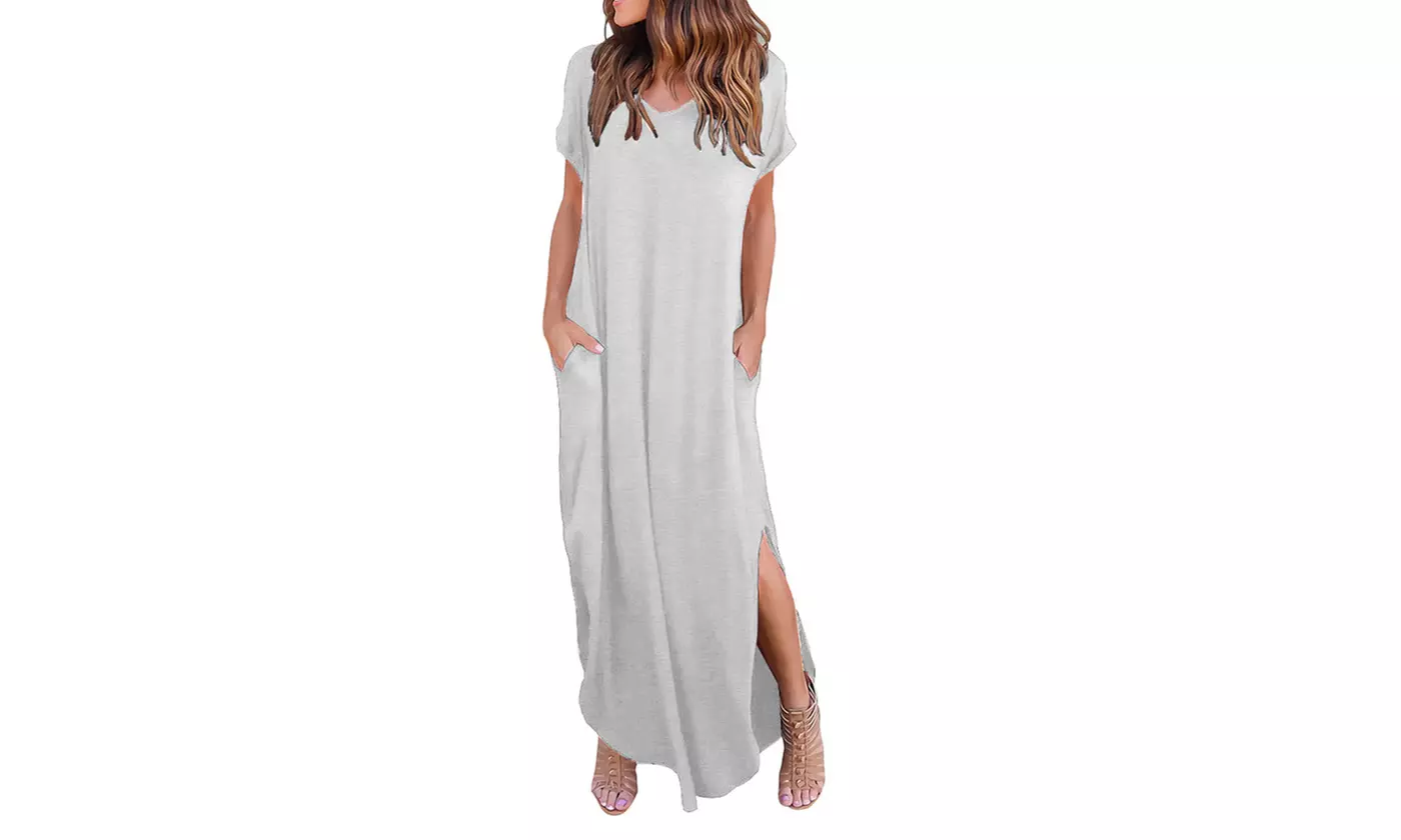 Women's Casual V-Neck Short Sleeve Side Slit Maxi Dress with Pockets