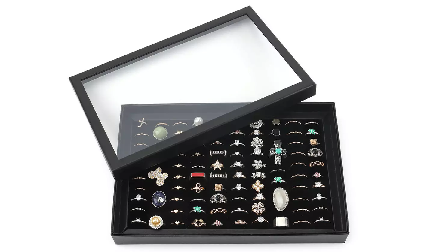 100 Slots Ring Holder Organizer Box Display Case with Transparent Lid