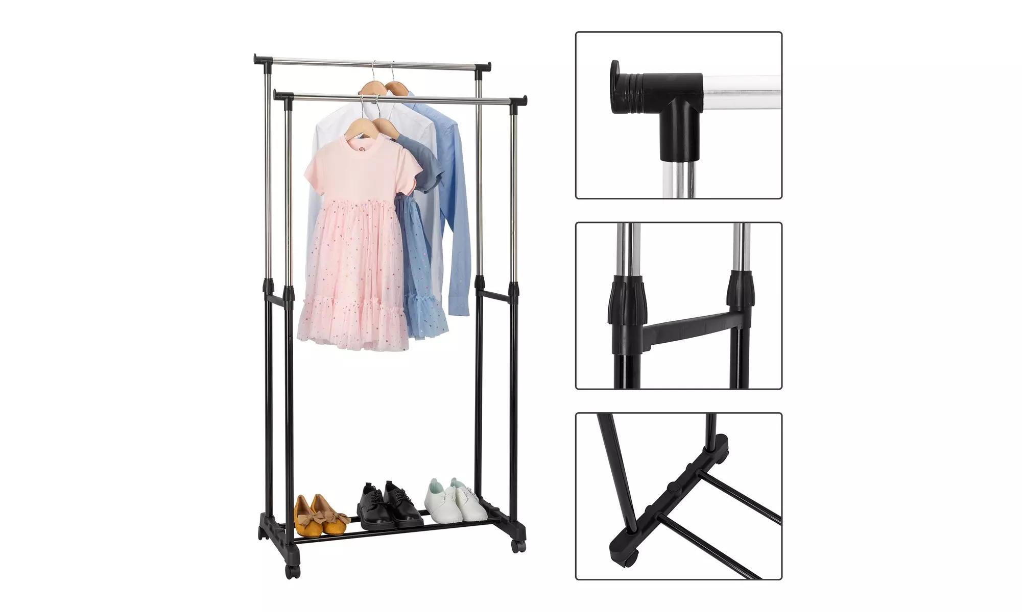 Single/Double Rail Stretching Stand Clothes Rack with Shoe Shelf