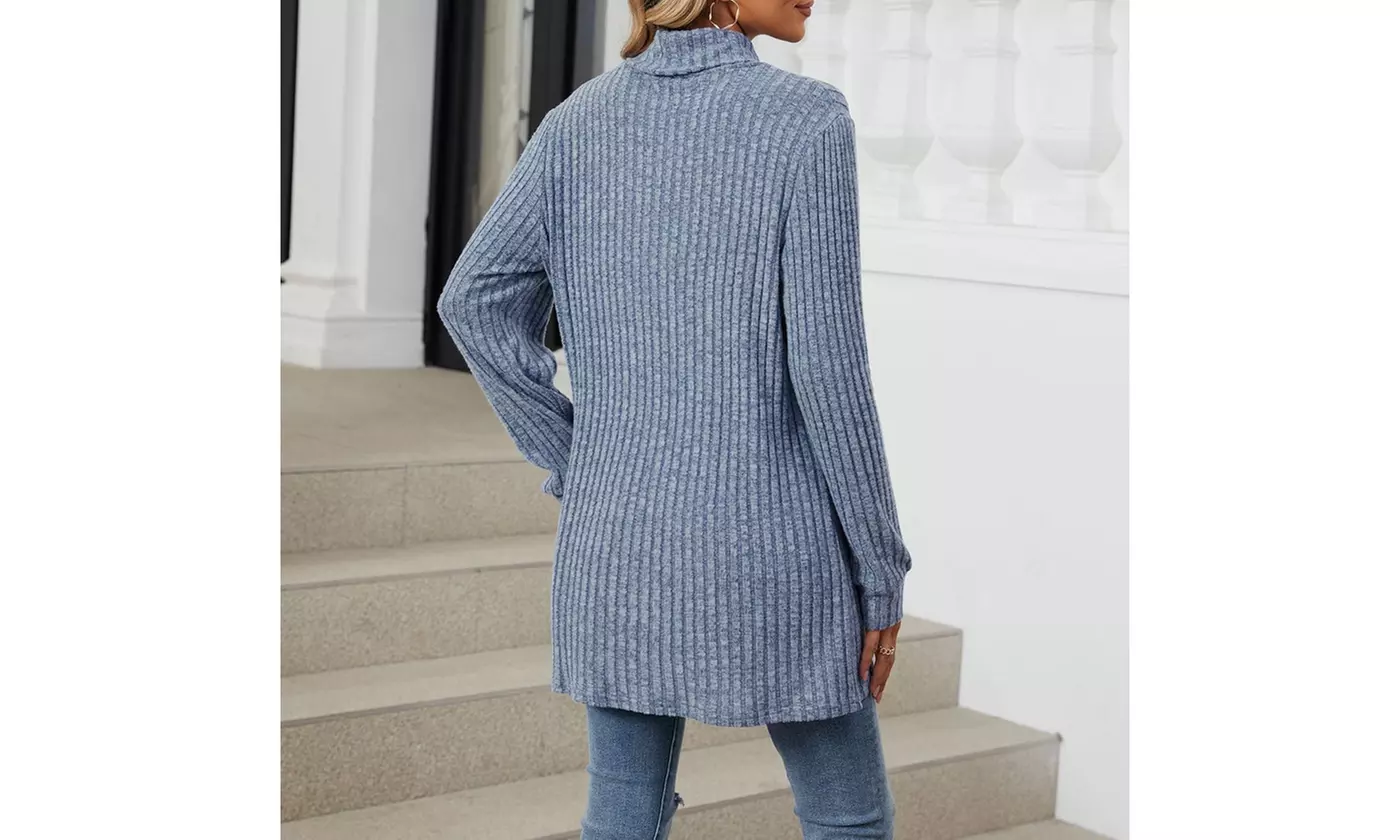 Womens Lightweight Turtleneck Long Sleeve Knit Tunic Top with Pockets