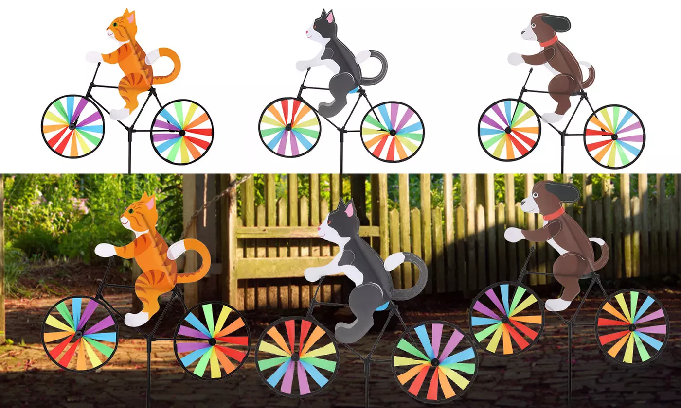 Animal Cat Dog On Bike Bicycle Windmill Wind Spinner Home Garden Yard Decoration