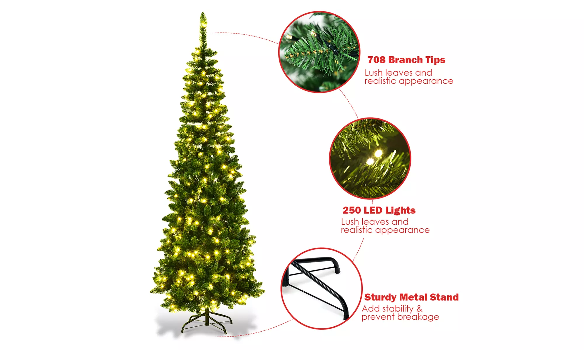 Costway 6.5ft Pre-Lit Hinged Artificial Pencil Christmas Tree with 250  Lights