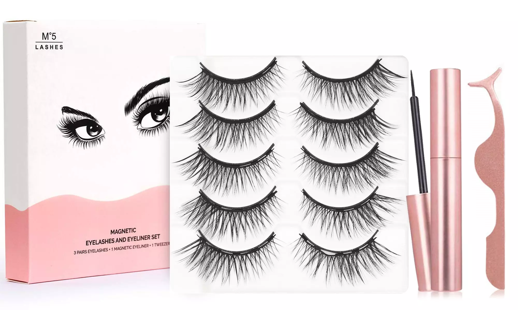 5 Pairs False Magnetic Eyelashes Kit Mink Eyelashes with Eyeliner and Tweezer - Primary Image