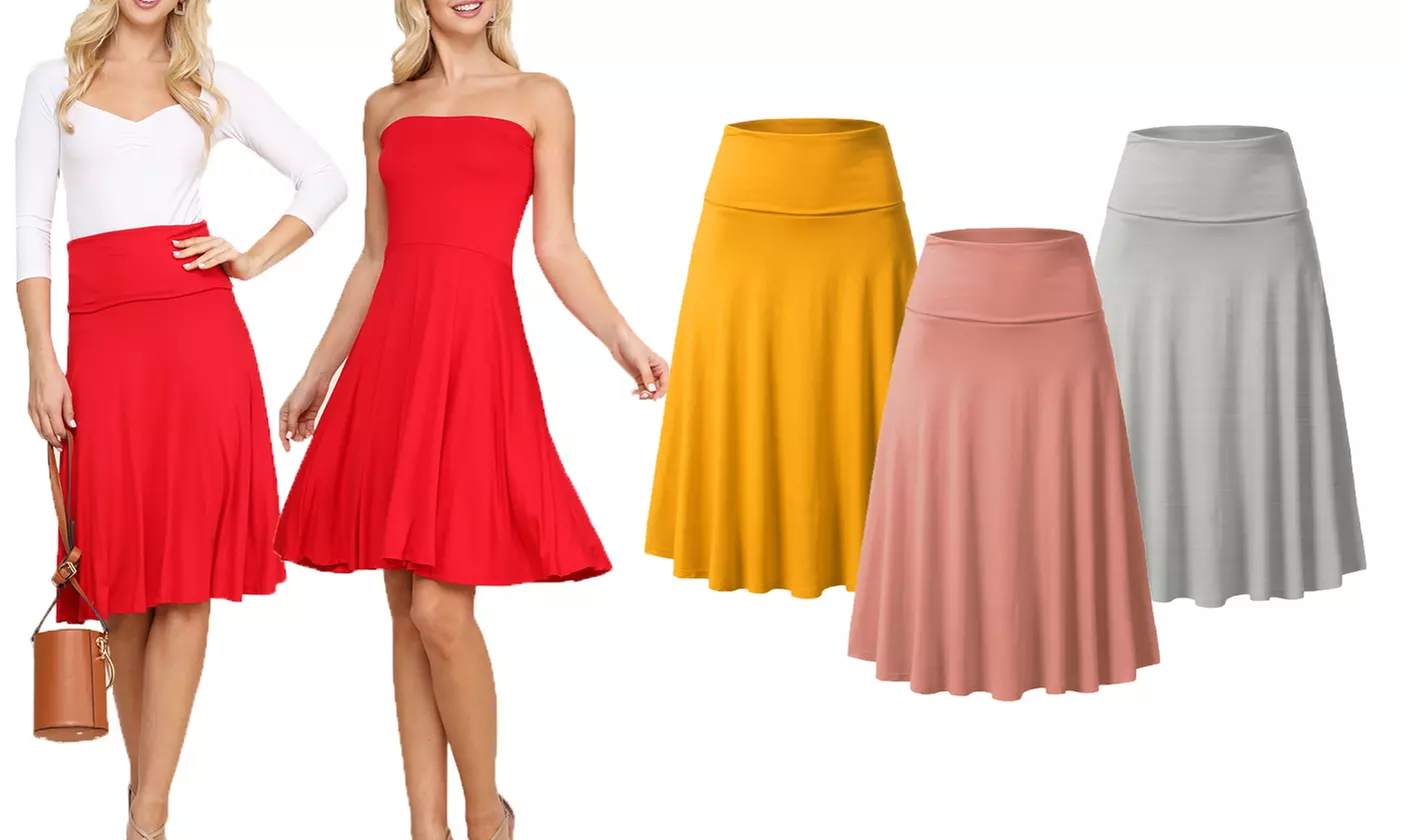 Doublju Women's 2-Way Fold High-Waist Flared Midi Skirts - Primary Image