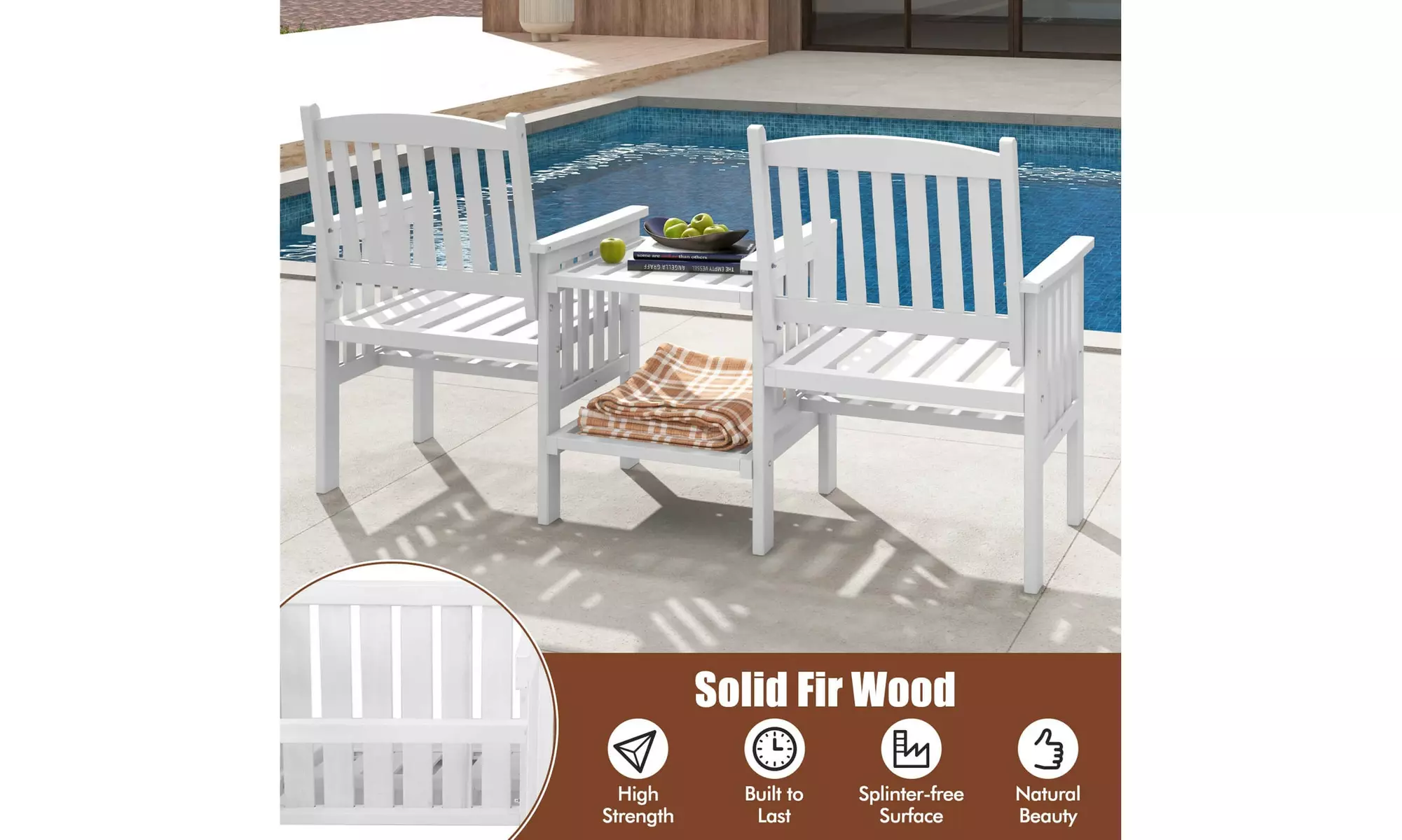 Costway Outdoor Fir Wood Loveseat with 2-Tier Side Table and 1.96" Umbrella Hole