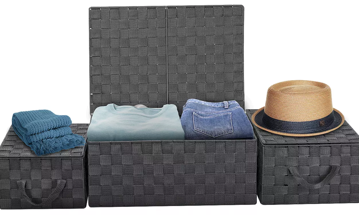 3-Pack Storage Box w/ Lid for Closet & Shelves - Woven Fabric Basket Organizer