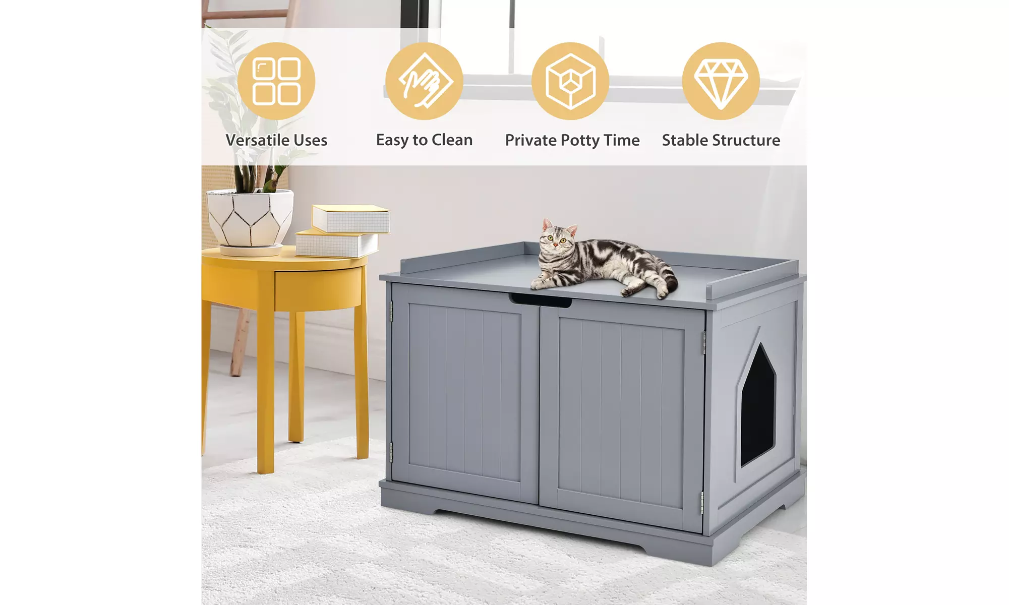 Costway Cat Litter Box Wooden Enclosure Pet House Washroom Storage Bench Grey