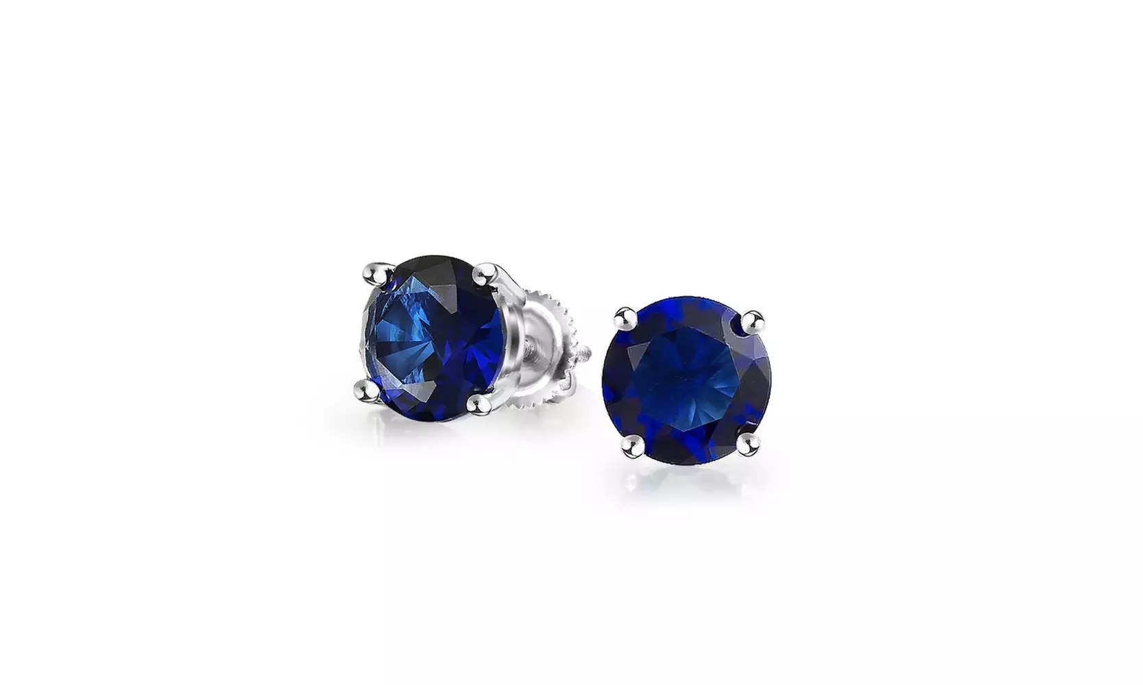 White Gold Plated Blue Sapphire Round Stud Earrings - Primary Image