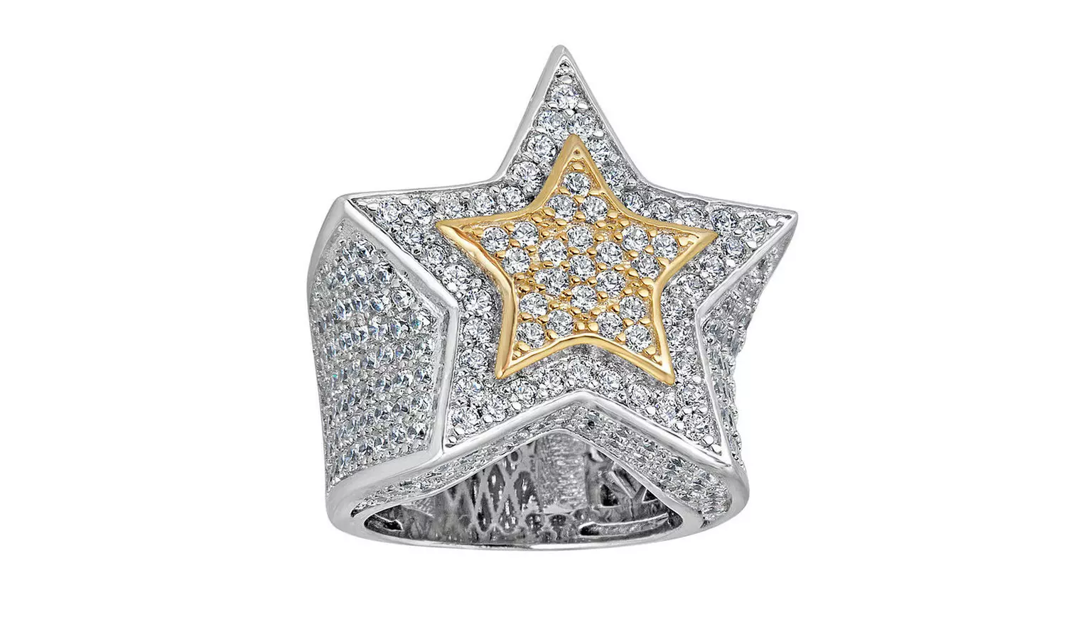 Men's Hip Hop 3D STAR Solid 14k Gold & 925 Silver Diamond Pinky RING for Men - Primary Image