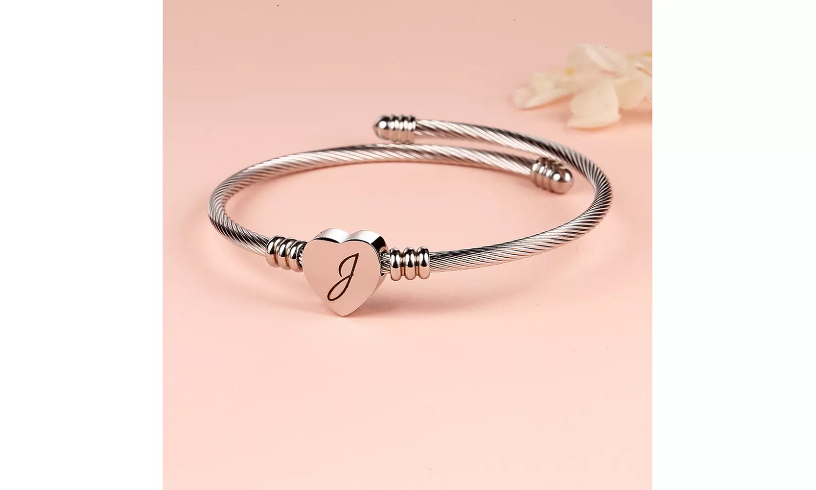 Twisted Steel Heart Cable Initial Bracelet