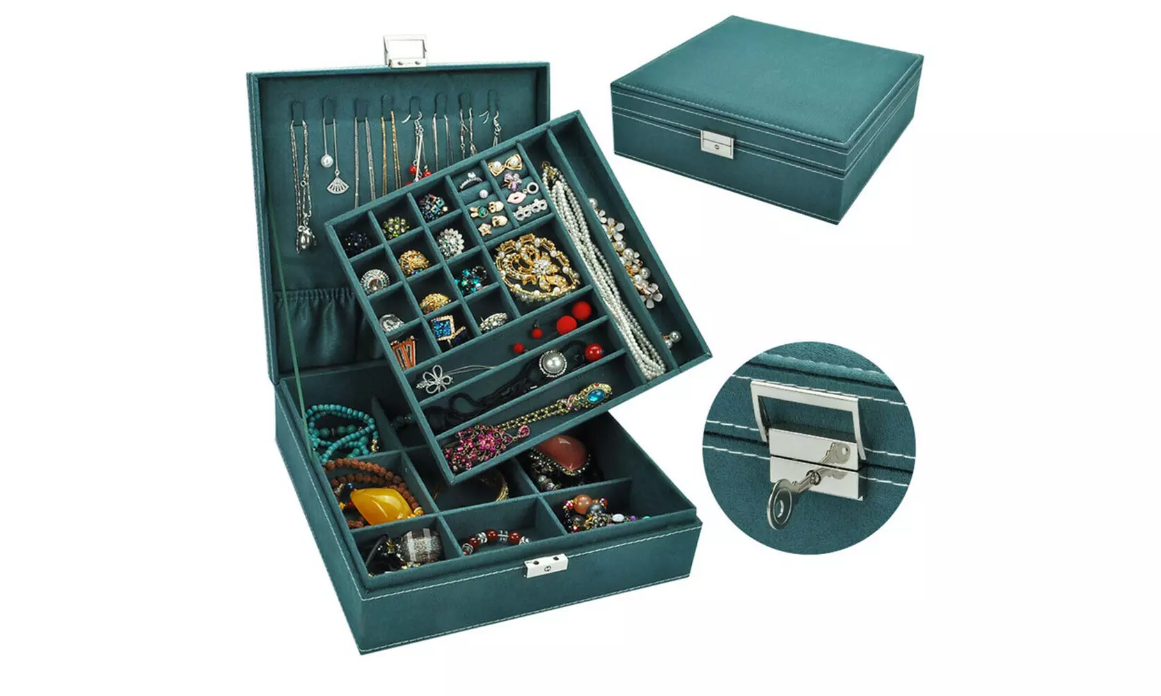 Two-Layer Lint Large Jewelry Box Organizer Display Storage case with Lock - Primary Image