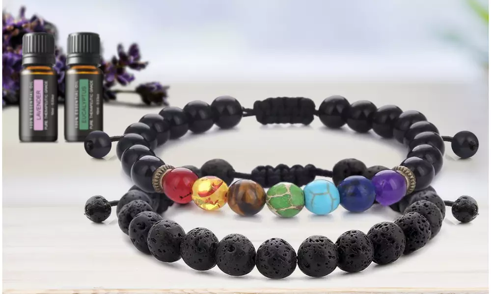 Lava Stone Chakra Bracelet Set (2-Piece) with Optional Essential Oils - Primary Image