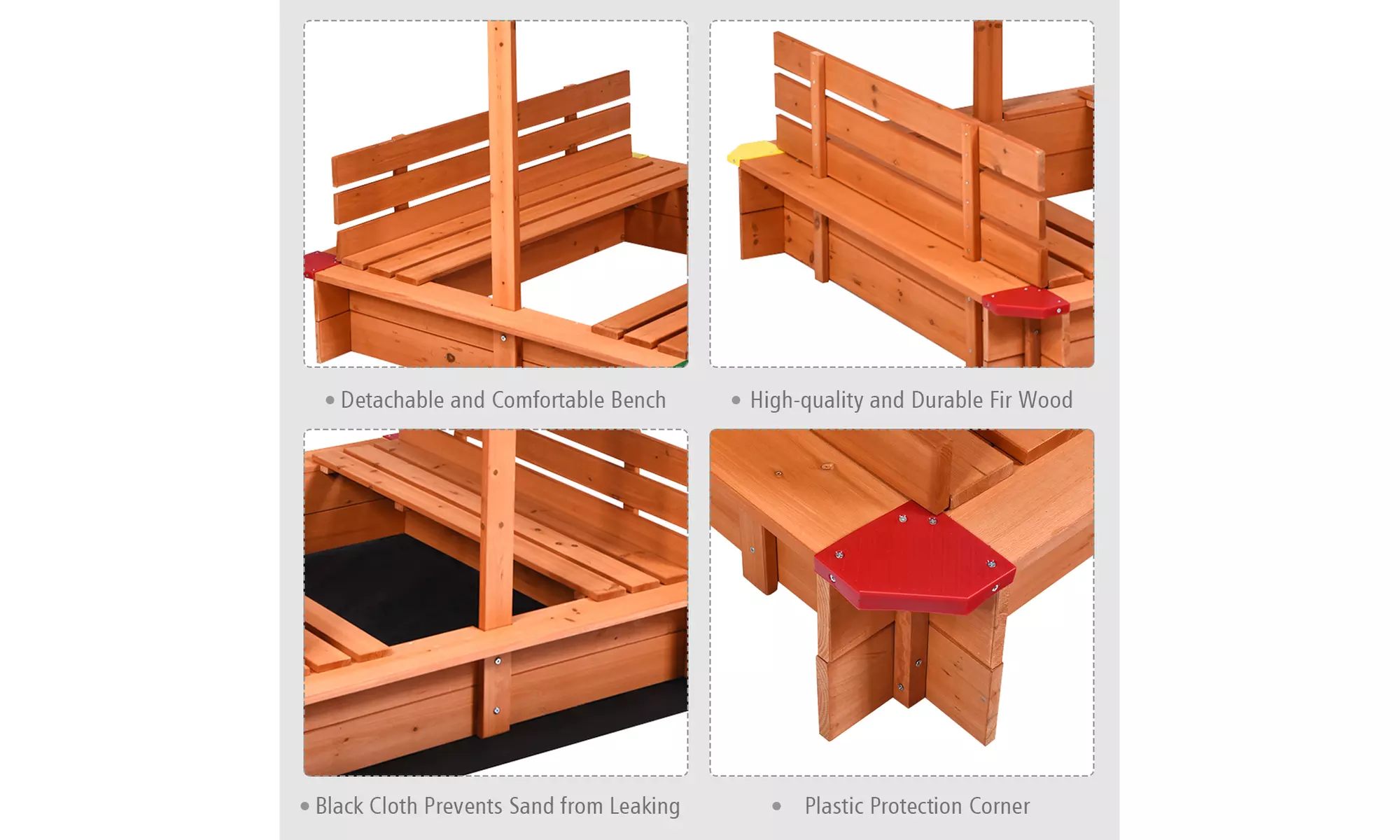 Costway Kids Cedar Sandbox w/ Canopy & Bench Seats Children Outdoor Playset - Second Medium