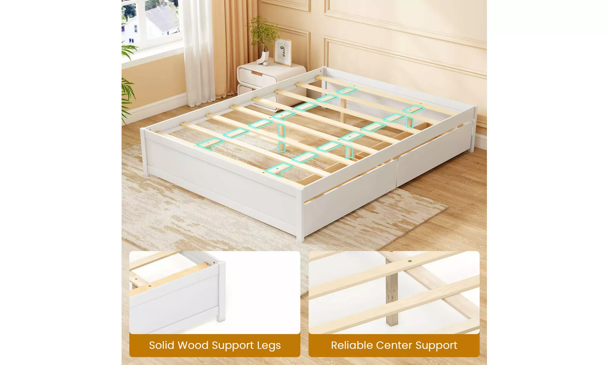Costway Wooden Platform Bed Frame with 2 Rolling Storage Drawers