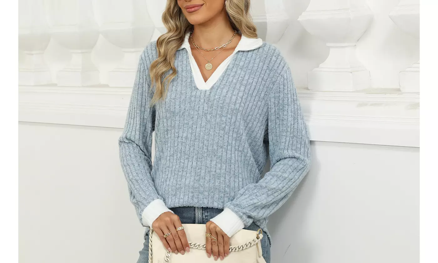 Women's Long Sleeve Lapel Blouse V-Neck Ribbed Knit Tunic Top