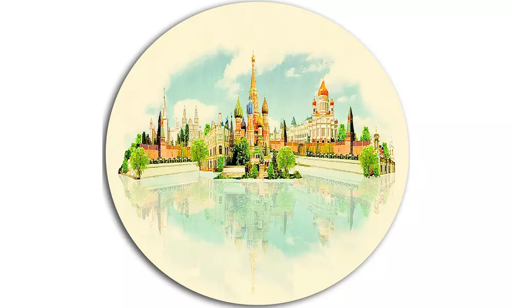 Moscow Panoramic View' Disc Cityscape Watercolor Circle Metal Wall Art - Second Medium