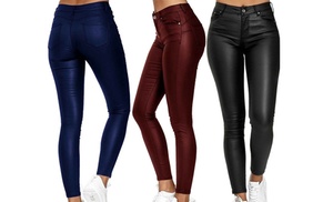 Faux Leather Leggings, 4-Way Stretch with Back Pockets