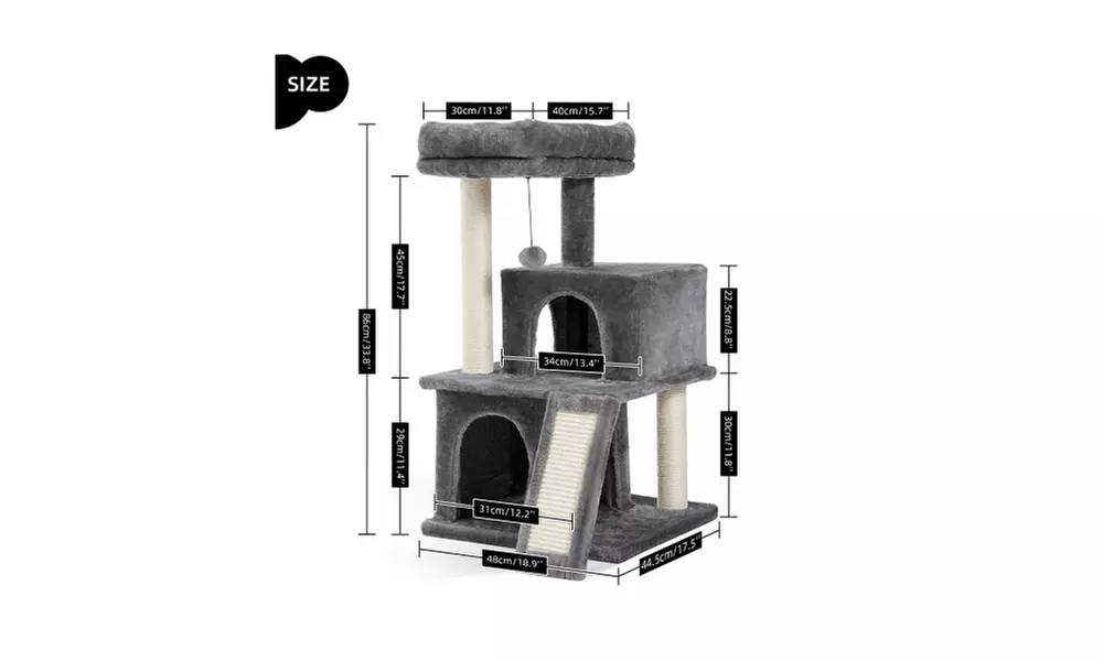 34 Inches Cat Tower with Double Condos, Spacious Perch Gray