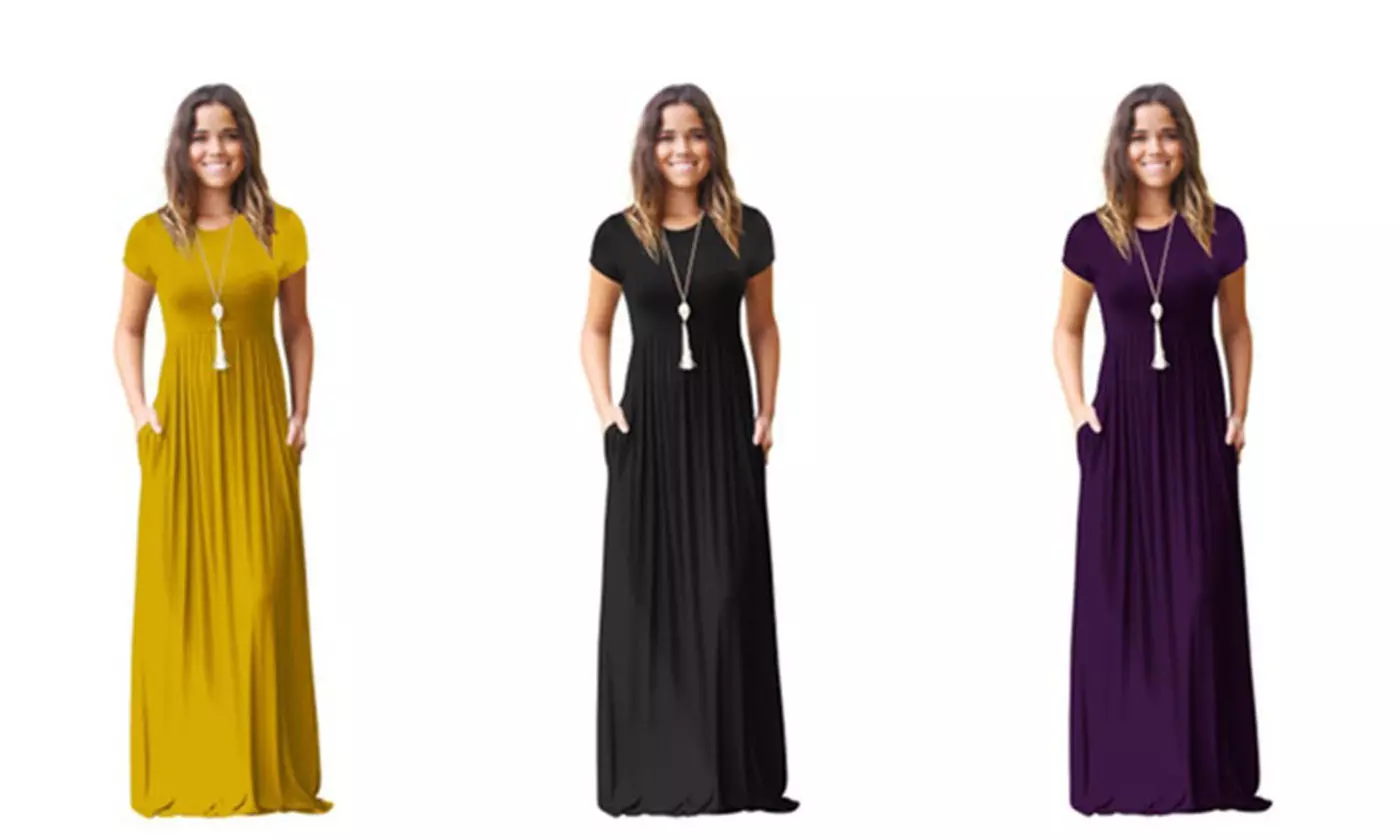 Women Plain Short Sleeve Casual Long Maxi Dresses with Pockets - Primary Image