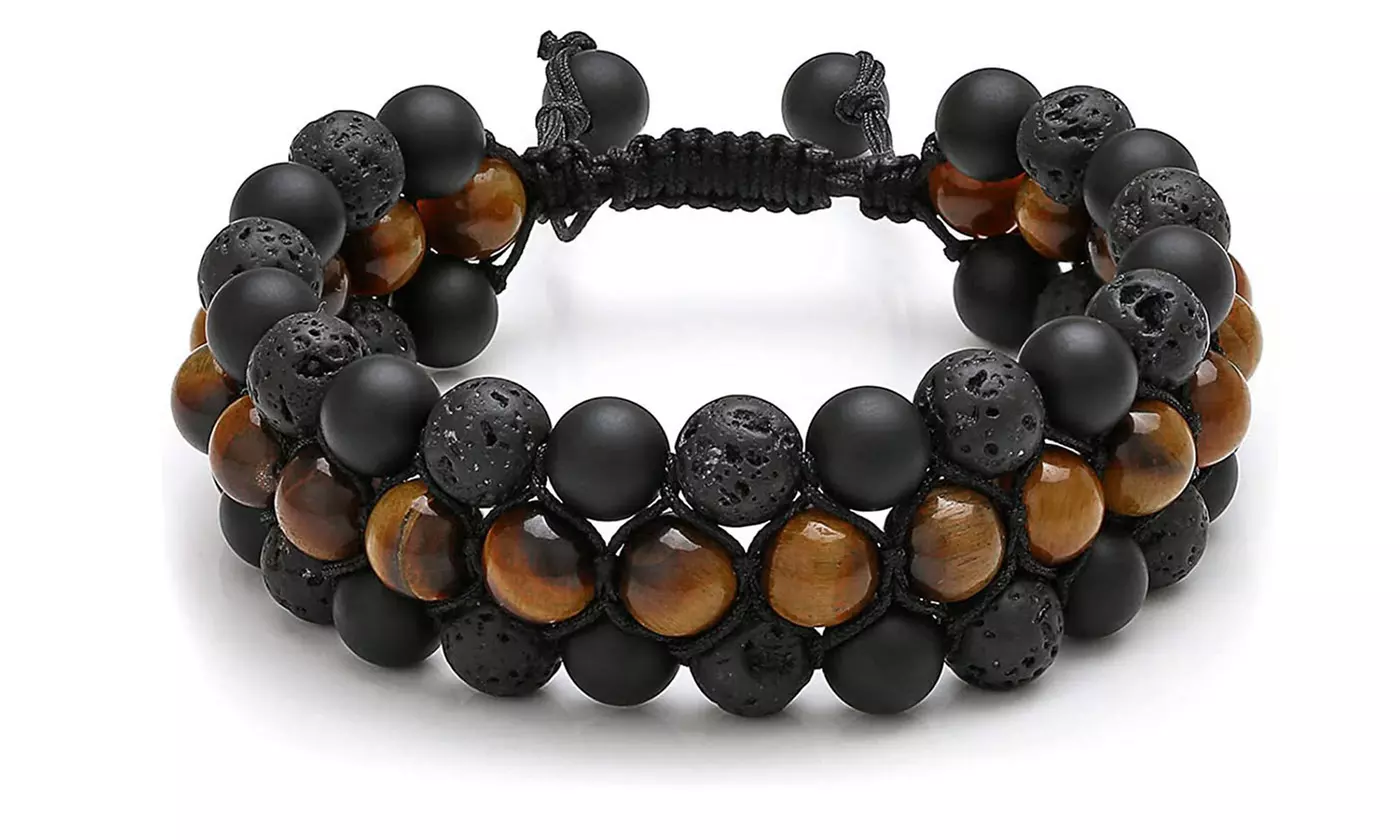 Adjustable Chakra Natural Tigers Eye Gemstone Onyx Charm Bracelet