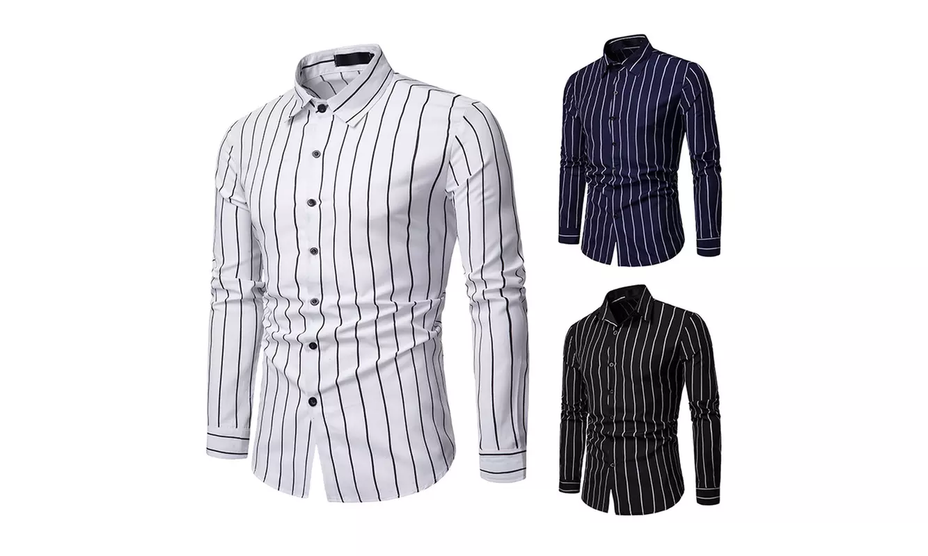  Men's Dress Shirts Long Sleeve Slim Fit Vertical Striped Button Down Shirts - Primary Image