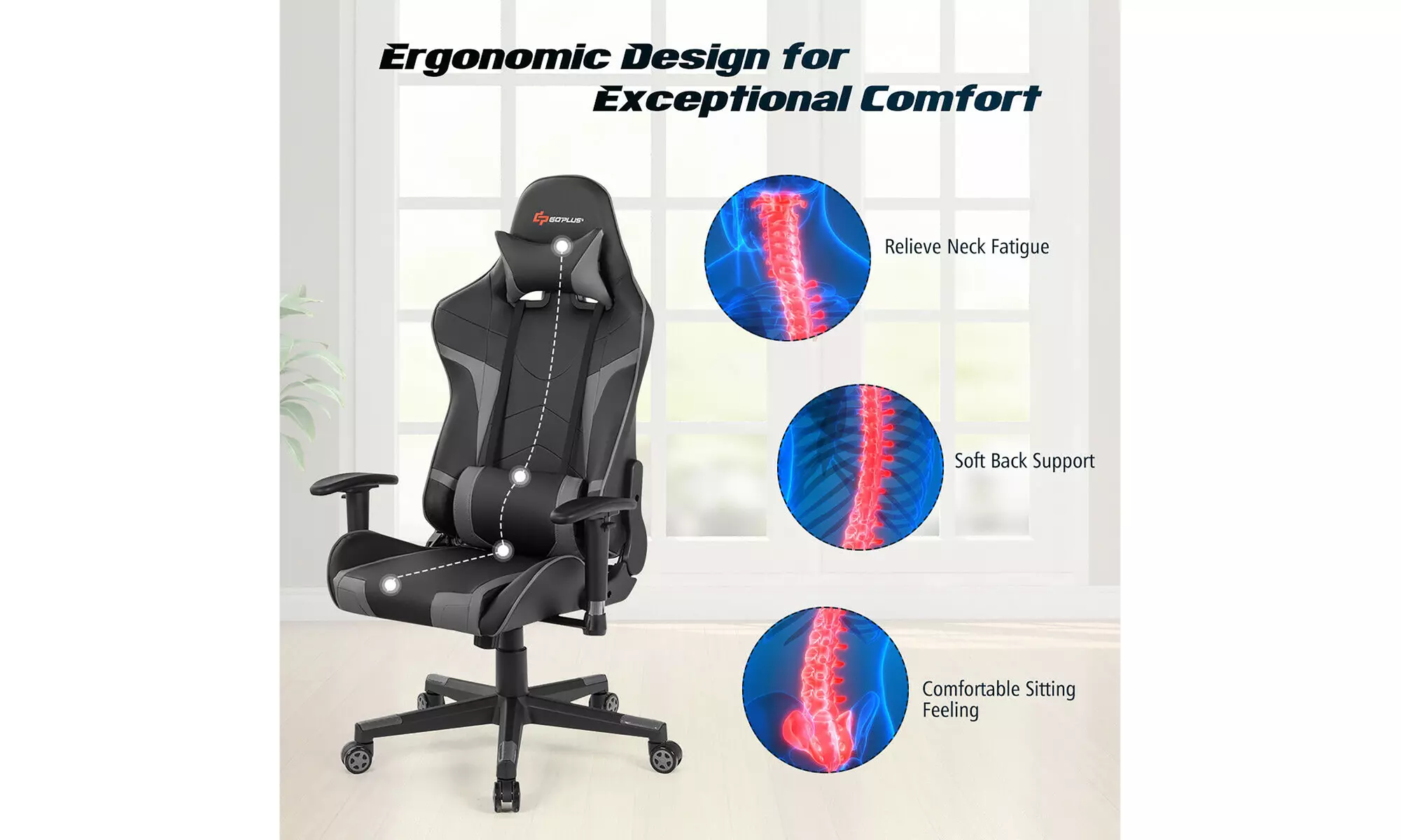 Reclining Massage Gaming Chair with Lumbar Support and Headrest