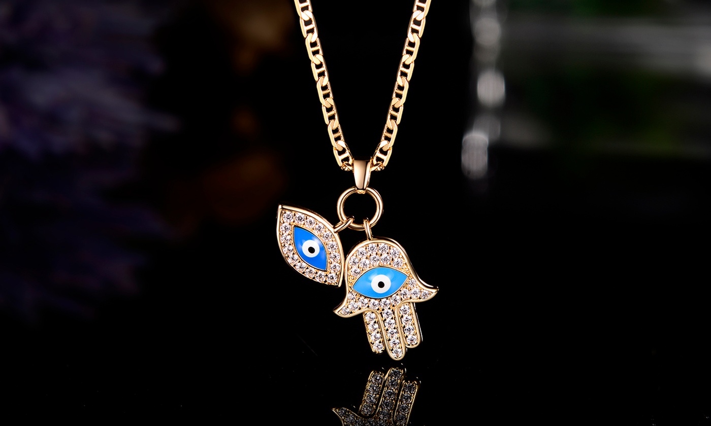 18K Gold Plated Crystal Evil Eye Hamsa Pendant Necklace